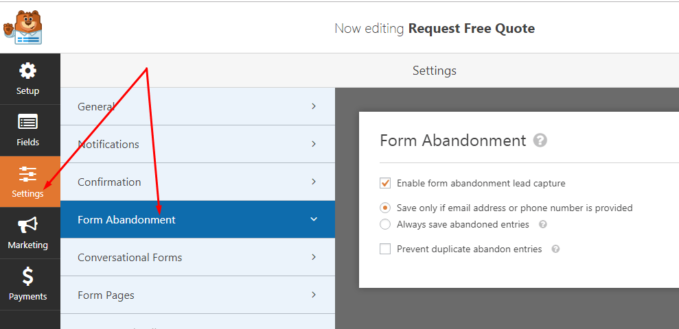 How to enable form abandonment feature in the wpforms plugin for wordpress