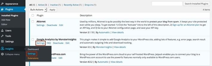 Wordpress dashboard to set up the google analytics in wordpress