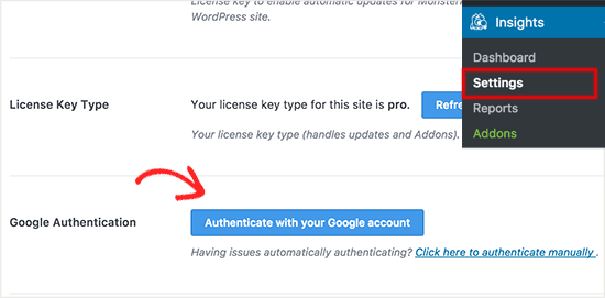Google authentication step in installing stats dashboard on wordpress website using mosnterinsights.