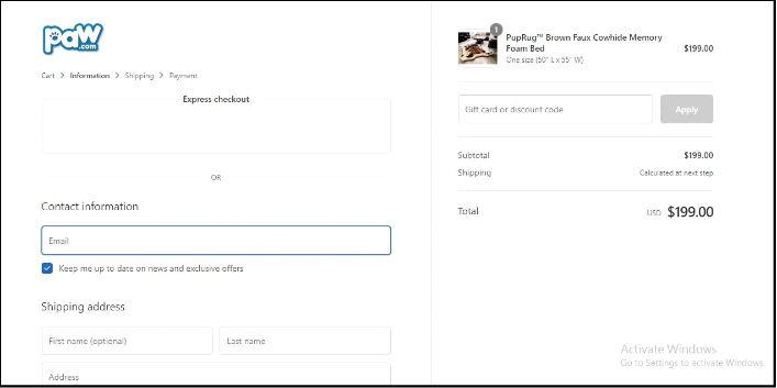 paw cart checkout page