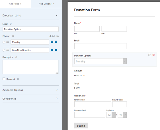 Configure donation form for recurring payment on wordpress forms.