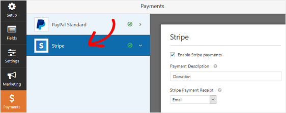 enable stripe settings on wp forms.
