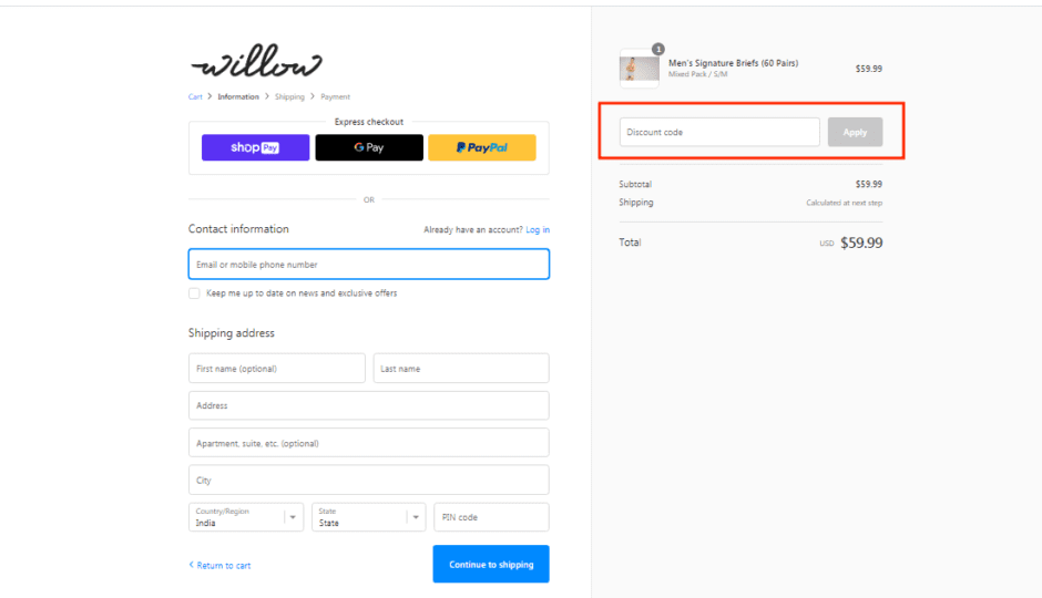 Willow checkout page
