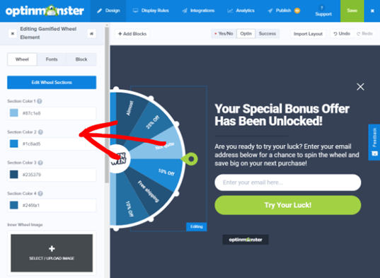 customize spin to win wheel | optinmonster