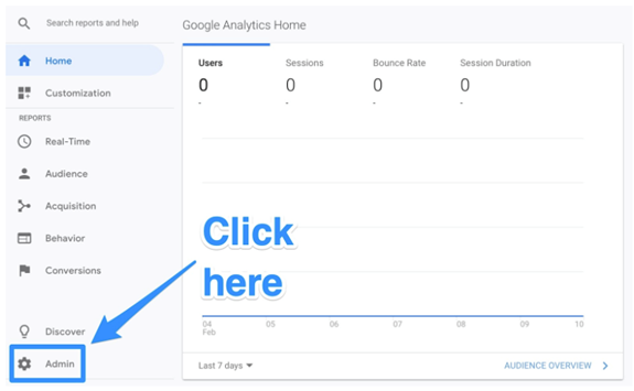 google analytics homepage admin section