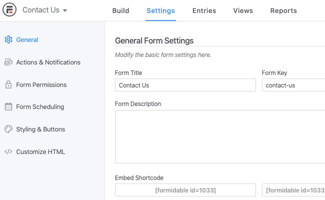 formidable forms contact settings