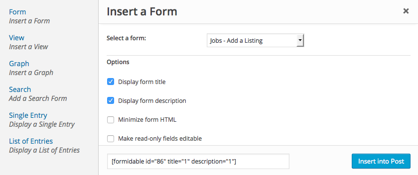 insert formidable form using short code builder