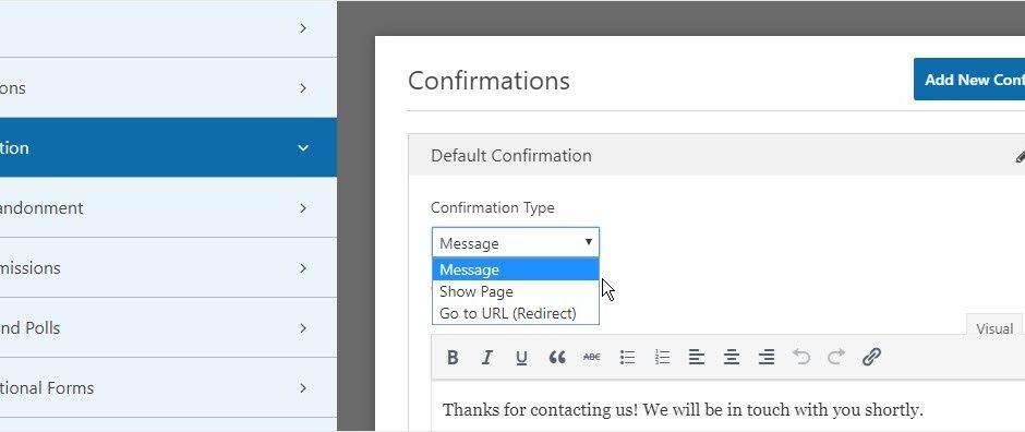 form submission confirmation message in wpforms