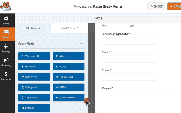 drag and drop multi-page form fields in wordpress