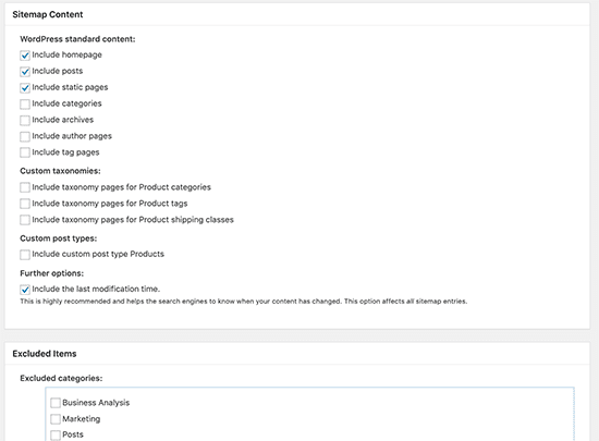 include and exclude content in xml sitemap