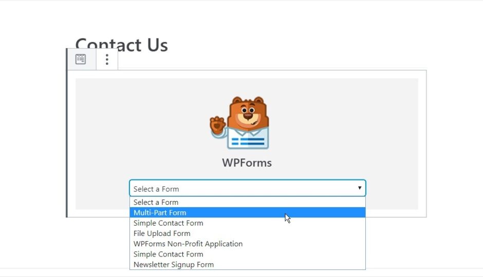 select multipart form from the form dropdown list