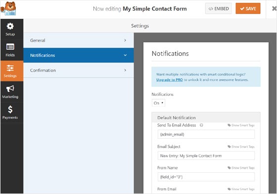 set form notifications in wpforms