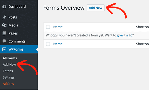 Add new contact forms with wpforms