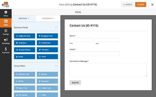 fields in wpforms contact forms