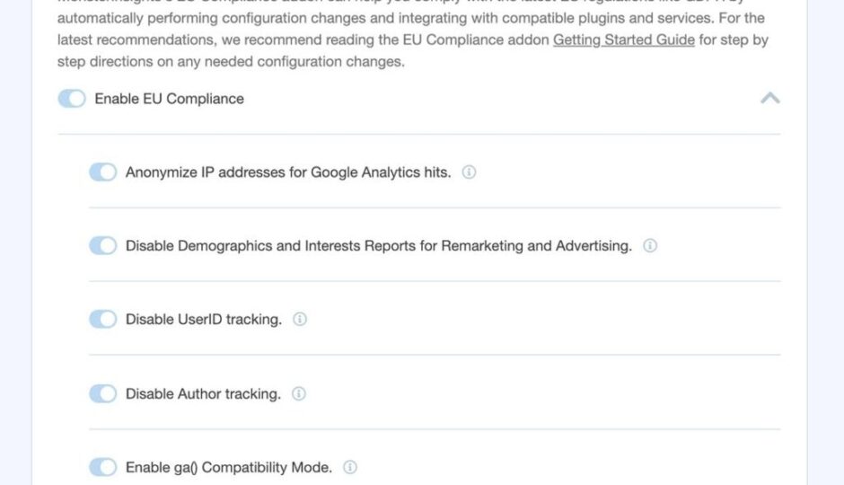 monsterinsights eu compliance settings to make google analytics ccpa compliant