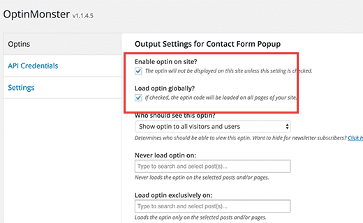output sttings for contact form pop ups
