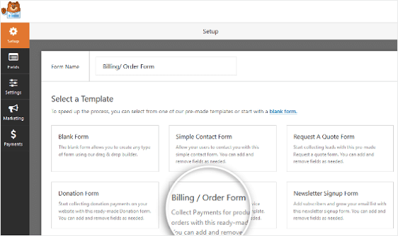 select order form in wpforms