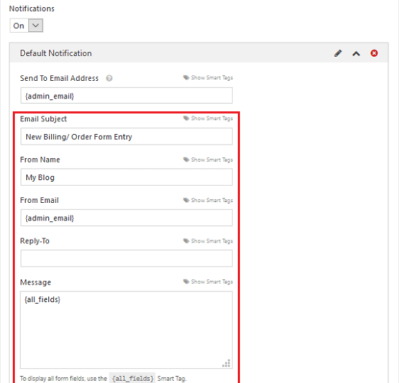 set email response message for order forms in wordpress