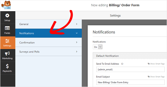 set notification of order forms in wordpress