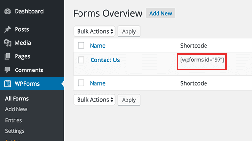 wpforms short code for contact forms