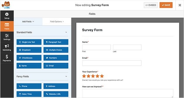 survey form fields in wpforms software