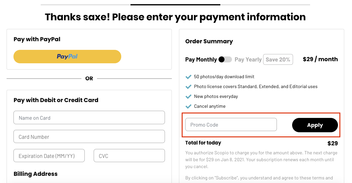 Scopio checkout page