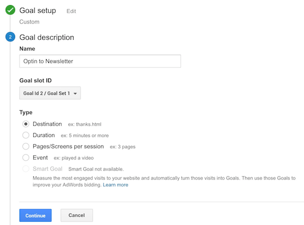 adding goal description in google analytics