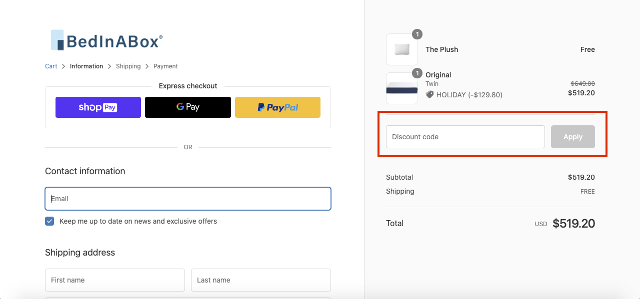 bedinabox checkout page to apply discount codes
