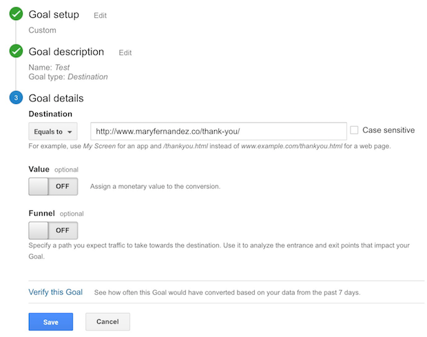 fill fields for goal details in google analytics