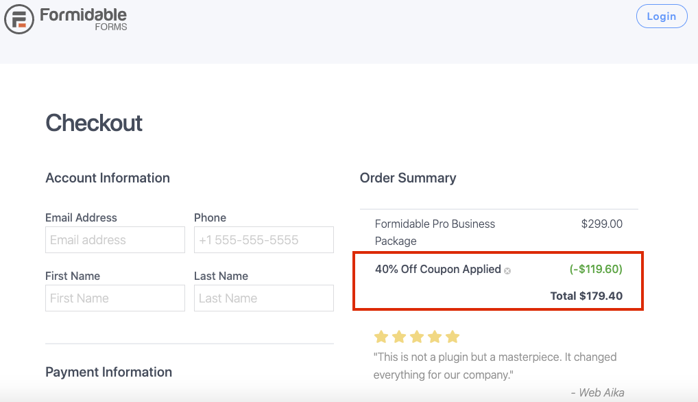 checkout page to apply formidable forms coupons