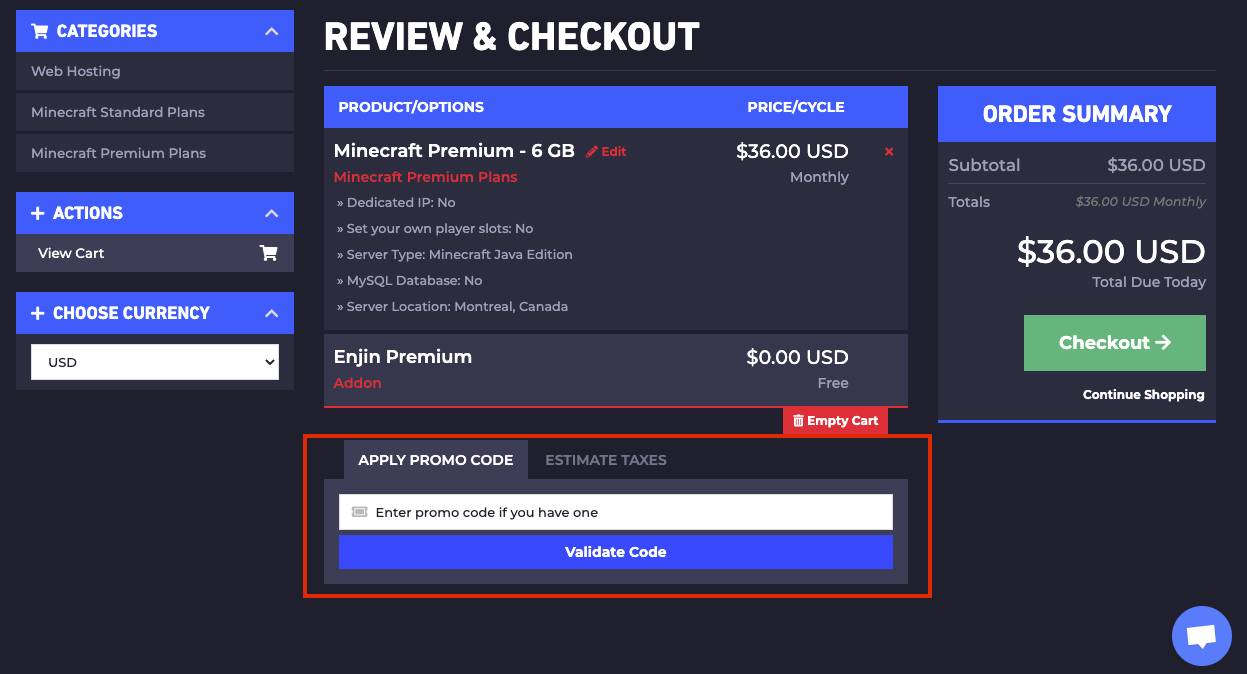 checkout page to apply ggservers promo codes