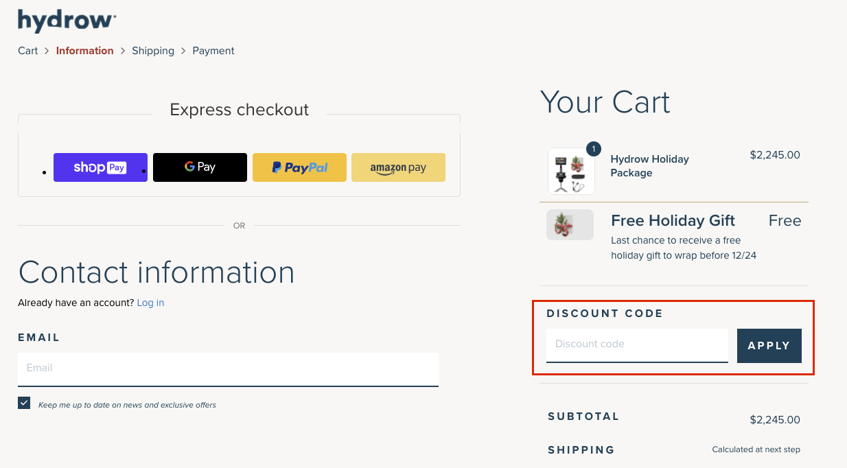 checkout page to apply hydrow discount codes