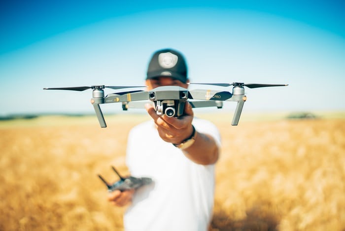 Man flying camera drone