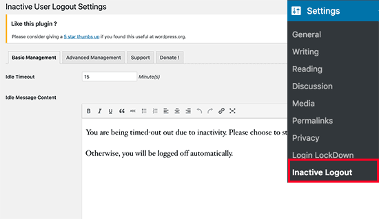 inactive user logout settings to secure wordpress website
