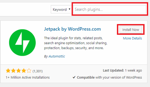 jetpack plugin by searching it in wordpress plugin search bar