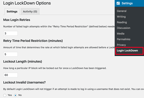 login lockdown option to secure wordpress website