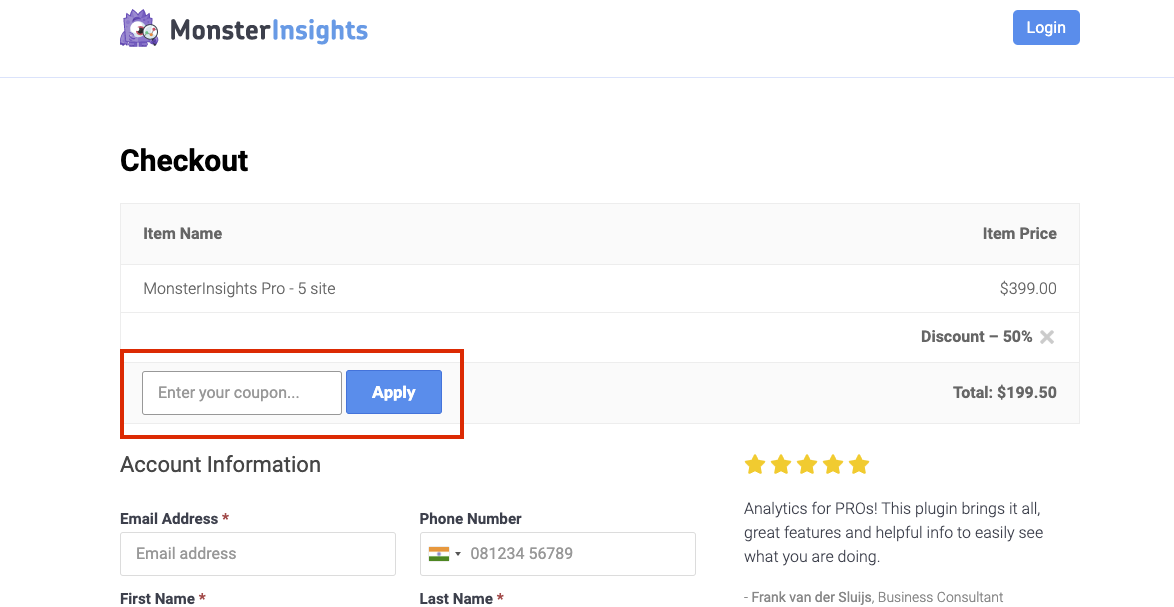 checkout page to apply monsterinsights coupon codes