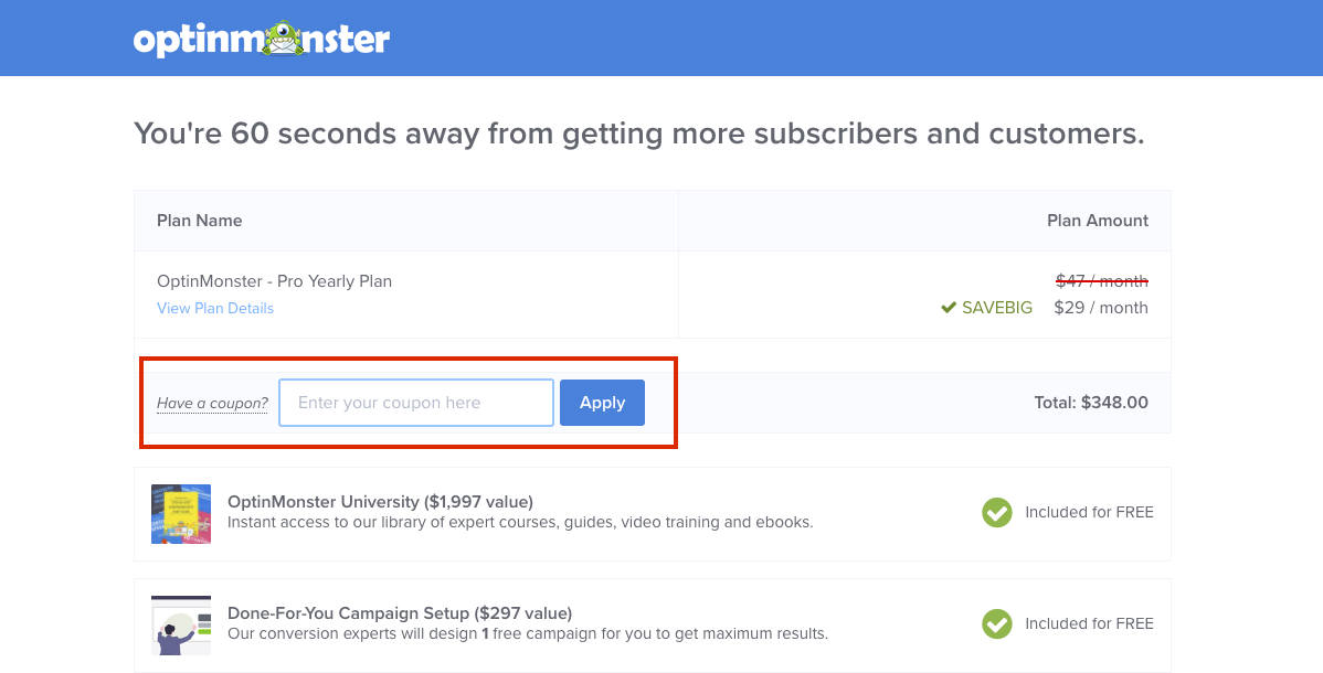 checkout page to apply optinmonster coupon codes