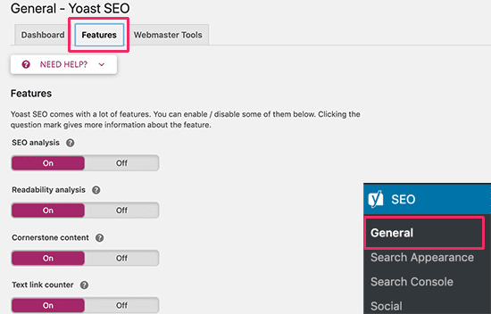 set up yoast seo features