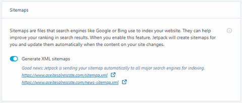 jetpack traffic tab settings to set up xml sitemap structure