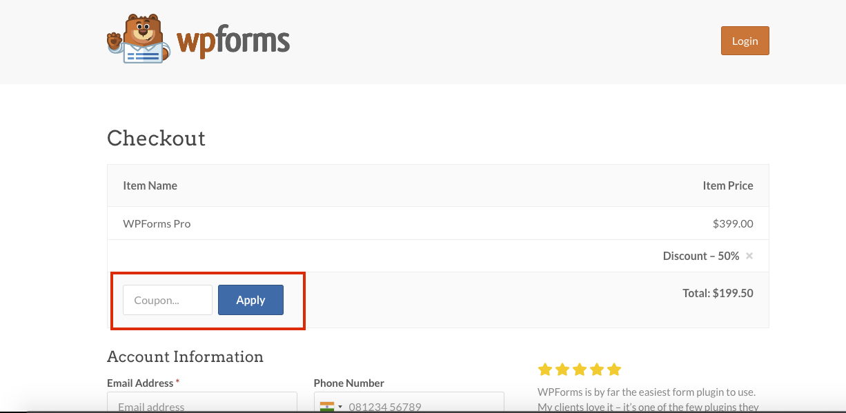 Checout page to applyu WPForms coupon codes