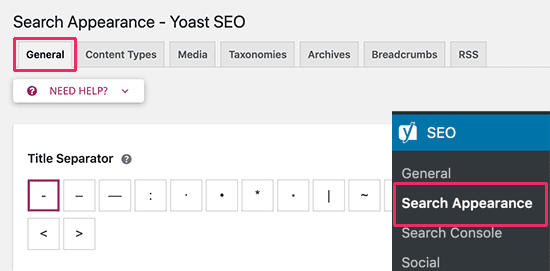 yoast general settings for search appearances