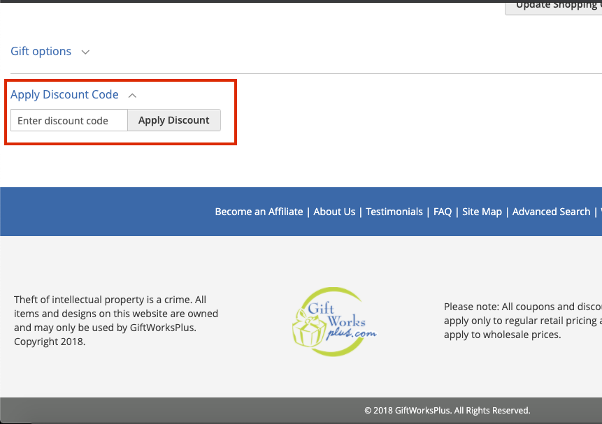 checkout page to apply GiftWorksPlus Discount Codes