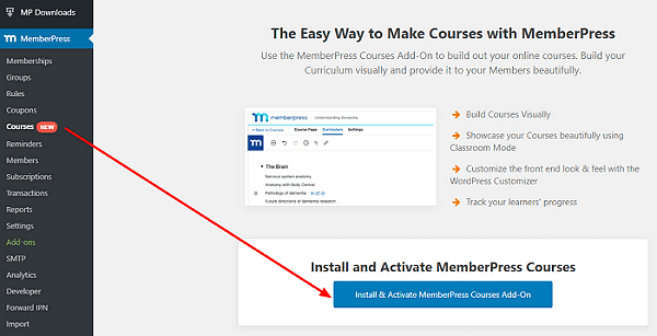 install and activate memberpress courses add on