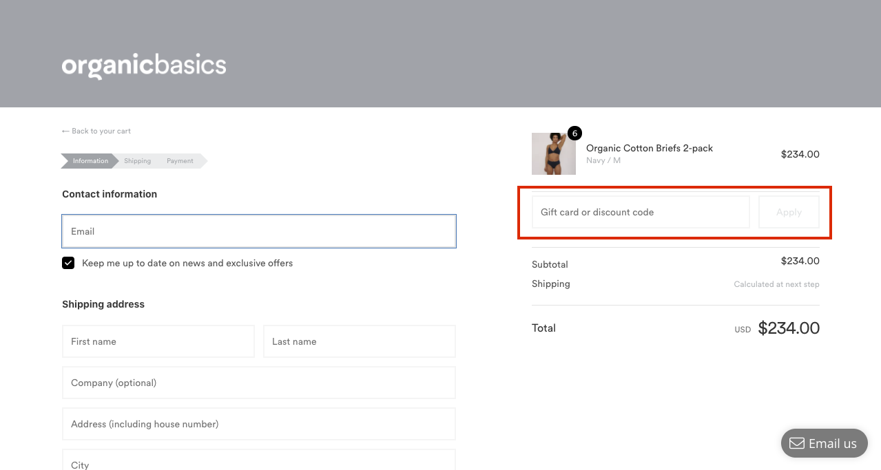 checkout page to apply Organic Basics Discount Codes
