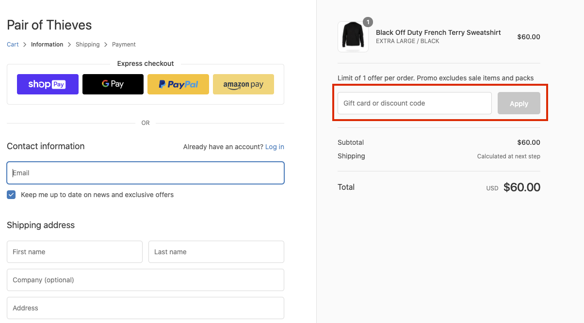 checkout page to apply Pair of Thieves discount codes