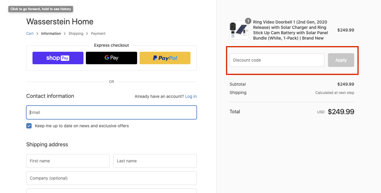 checkout page to apply Wasserstein Discount Codes