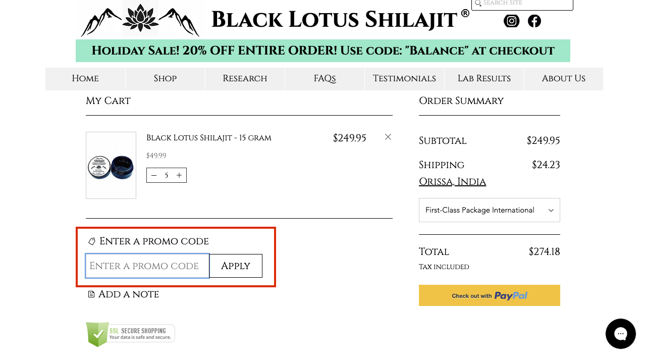 checkout page to apply black lotu shilajit promo codes