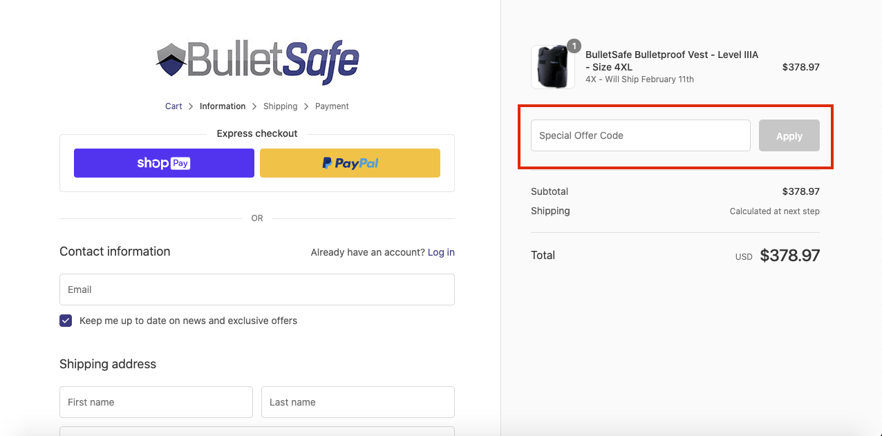 checkout page to apply bulletsafe coupon codes