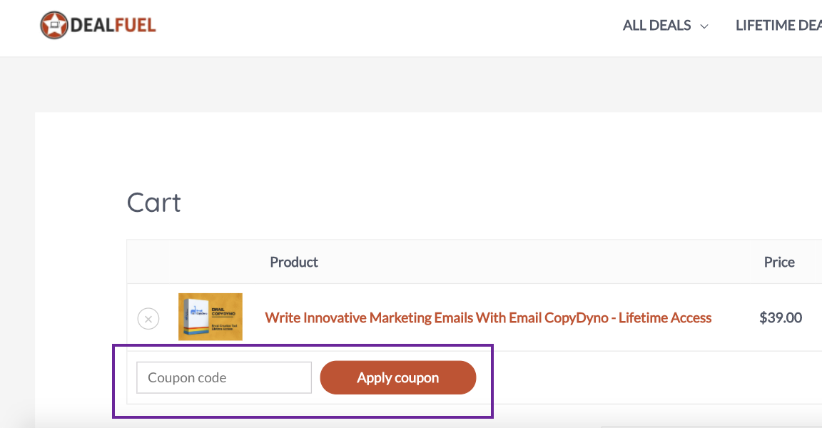 checkout page to apply dealfuel coupon codes